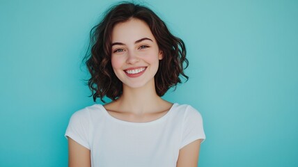 Obraz premium Young smiling happy cheerful fun satisfied cool woman she wearing white top shirt casual clothes looking camera isolated on plain pastel light blue cyan background studio portrait. generative ai