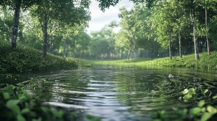 Fototapeta premium Tranquil Pond Scene with Ripples Caused by Gentle Wind in Lush Green Forest Setting