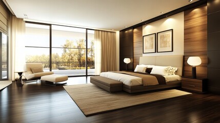 Fototapeta premium A large bedroom with a wooden floor and a large bed