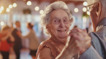 A photograph of two elderly people participating in a dance class, learning ballroom steps in a spacious studio. Ultra detailed