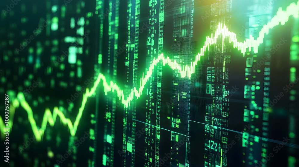 Poster green upward trend line on a financial chart with data and numbers on the screen.