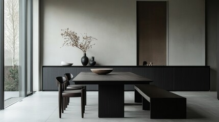A modern, minimalist dining room with a black table and chairs