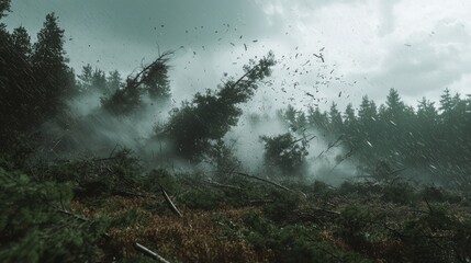 Devastating Windstorm Toppling Trees in a Forest - Dramatic Nature Catastrophe Image Showing Powerful Forces of Nature