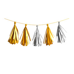 Colorful yellow and silver tassel garland for festive decorations. Perfect for parties, celebrations, and events. Adds a vibrant touch to any space.