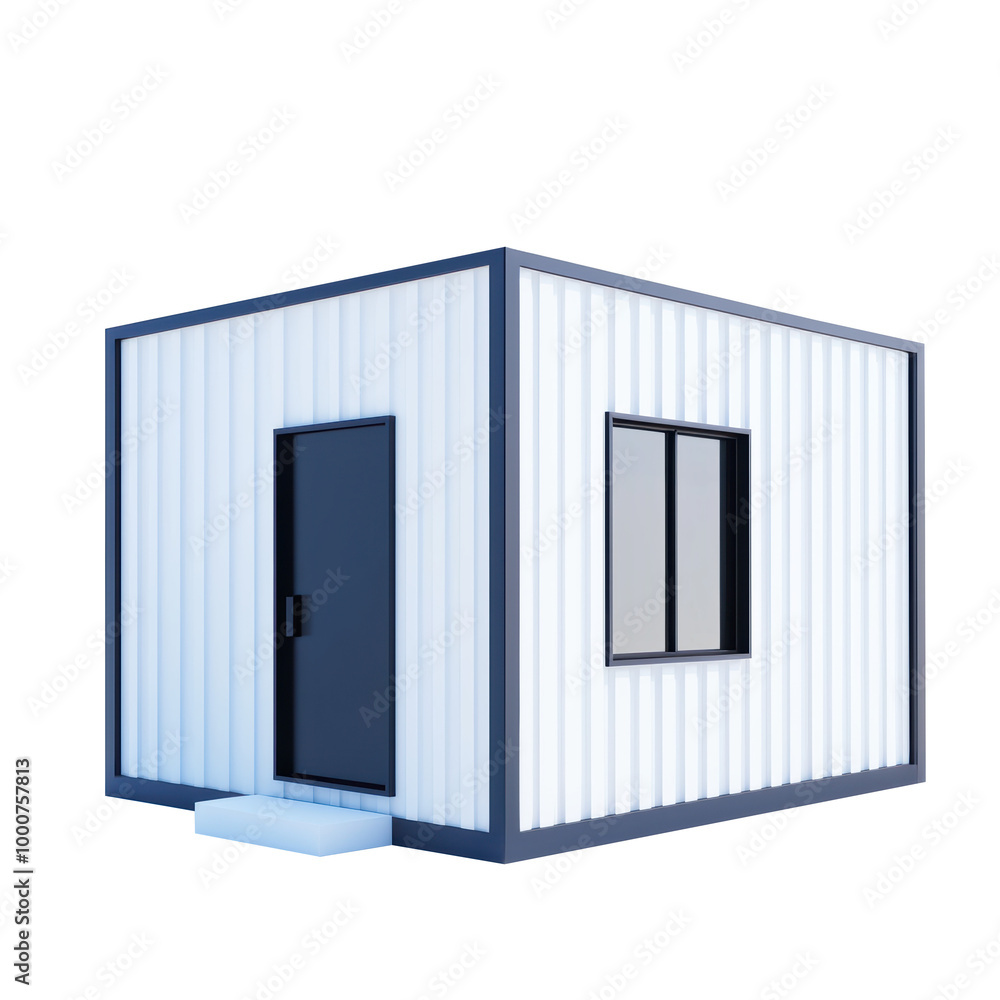 Poster modern 3d prefabricated container house design with simple cubic structure, featuring door and a win