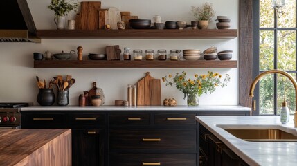A kitchen with a lot of shelves and a sink