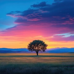 Fototapeta premium A lone tree standing in a vast field, illuminated by the setting sun, creating a dramatic silhouette against the colorful sky.