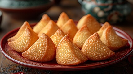 Crispy Fried Chinese Dumplings on Red Plate