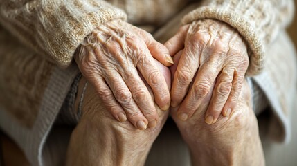 Fototapeta premium Elderly Hands Holding Knee Close Up Detail of Wrinkled Skin