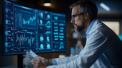 A man in a lab coat is looking at a computer monitor with graphs