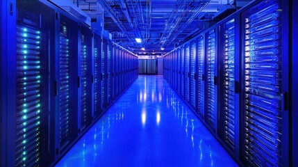 Fototapeta premium A corridor of server racks illuminated in blue light, showcasing a data center environment.