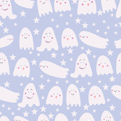 Blue Cute Halloween Ghost Seamless Pattern print background, great for fashion, backgrounds, scrapbooking, kids design project. Surface pattern Design