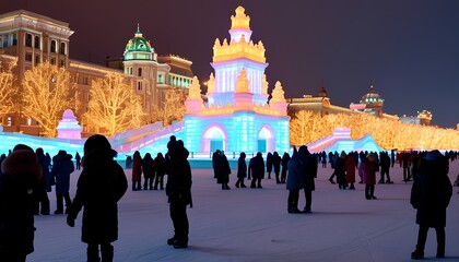 Obraz premium A winter festival scene with colorful ice sculptures and illuminated buildings, bustling with people enjoying the snowy landscape at night.