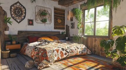 A bedroom with a bed, a rug, and a window