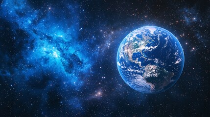 Earth viewed from space, featuring detailed continents and oceans, set against a vast blue nebula and stars.
