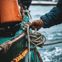 A person demonstrating knot-tying techniques on a fishing boat, showcasing the importance of rope in fishing and maritime activities.