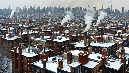 A snowy cityscape features rooftops with chimneys emitting smoke, creating a misty atmosphere amidst towering skyscrapers in the background.
