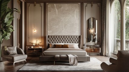A bedroom with a large bed, a nightstand, and a mirror