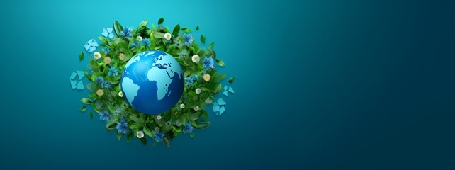 Earth Globe with Green Leaves and Flowers on Blue Background