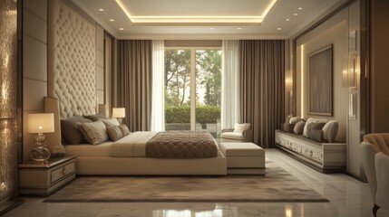 Fototapeta premium A large bedroom with a white bed, a white dresser, and a white nightstand
