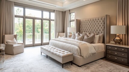 Obraz premium A large bedroom with a white bed and a white couch