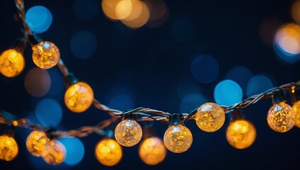 holiday illumination and decoration concept - christmas garland bokeh lights over dark blue background