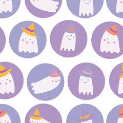 Purple Ghosts Geometric Witch Hat Seamless Pattern print background, great for fashion, backgrounds, scrapbooking, kids design project. Surface pattern Design