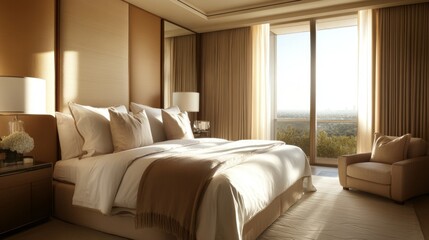 A large bed with a brown blanket and pillows is in a room with a window
