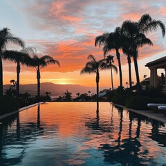 A serene swimming pool at sunset, reflecting the orange and pink hues of the sky, with palm trees swaying in the background.