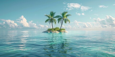 Naklejka premium Two Palm Trees on a Tiny Island in the Middle of the Ocean