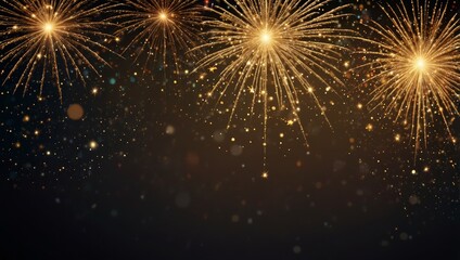 Holidays background with illabstract gold glitter background with fireworks. christmas eve, new year and 4th of july holiday conceptuminated Christmas tree, gifts and decoration
