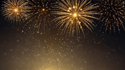 Holidays background with illabstract gold glitter background with fireworks. christmas eve, new year and 4th of july holiday conceptuminated Christmas tree, gifts and decoration