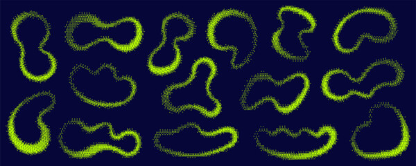 Bitmap pattern background organic shapes. Y2K gradient retro vector elements. Abstract noisy glitch halftone doodles. Decorative green neon aesthetic frames on dark background