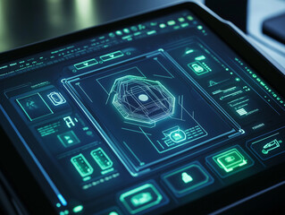 Futuristic touchscreen interface displaying a complex digital schematic