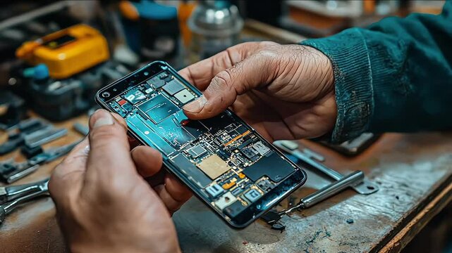 A technician repairing a broken smartphone. Technician disassembling smartphone with screwdriver. Smart phone repairing hands man screwdriver