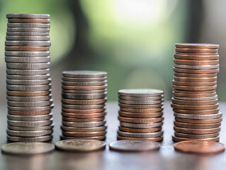 Stacks of mixed coins arranged on a wooden surface
