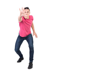 Worried man showing stop gesture to camera