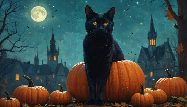 Chat noir sur une citrouille dans un paysage Halloween