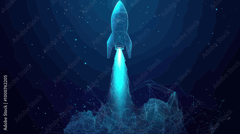 Poster abstract digital rocket launch in outer space, business development boosting concept, low poly wiref