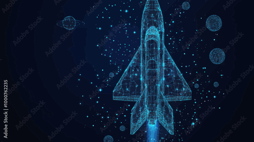 Poster wireframe space shuttle with cosmic background - abstract vector of stars, planets, and universe in 