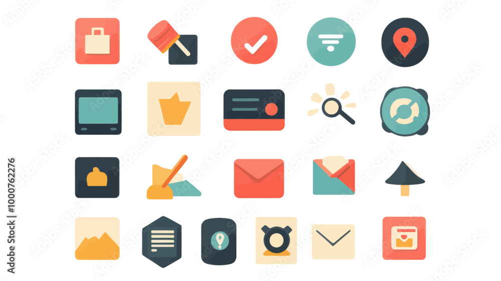 Poster web and ui flat icons set - colorful lushicons collection for app and website design, includes shopp