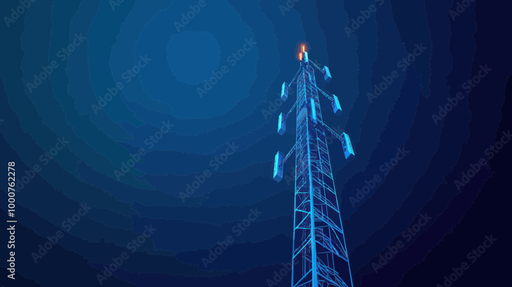 Poster abstract blue 3d telecommunication tower vector illustration minimalist style for technology and net