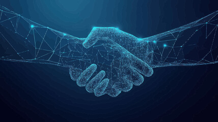 Digital Partnership Innovation: Low Poly Wireframe Handshake on Blue Technology Background - Abstract Business Collaboration, Connected Dots and Triangles, 3D Vector Polygon Grid Illustration