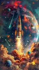 Obraz premium Cosmic Bitcoin Network Rocket Blasting Off with Digital Currency Logos Satellite Constellation