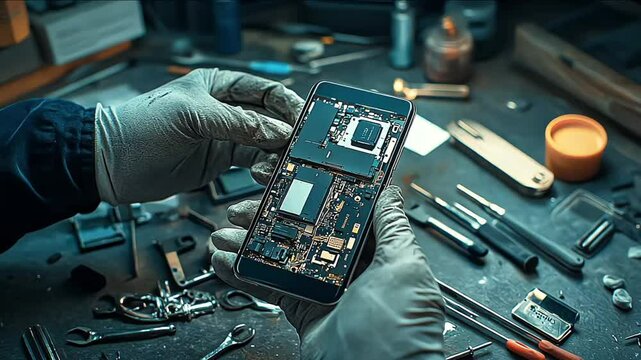 A technician repairing a broken smartphone. Technician disassembling smartphone with screwdriver. Smart phone repairing hands man screwdriver