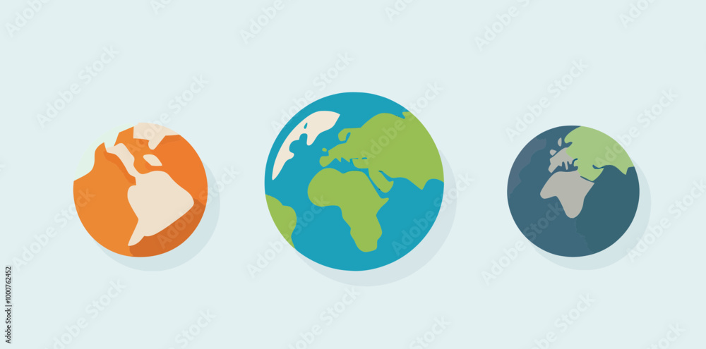 Poster flat ui icon collection of colored globe illustrations representing different continents, modern min