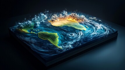 A 3D-rendered barometric pressure chart showing the movement of high and low-pressure systems over a continent, predicting upcoming storms