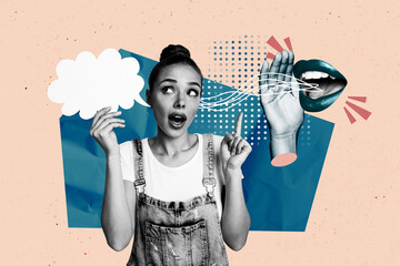 Sketch collage image of funny girl listen interesting information news whisper isolated on drawing background