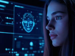 Woman analyzing biometric data on a digital interface