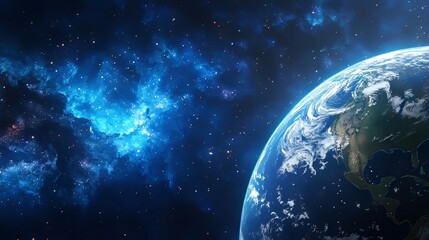 Obraz premium Earth viewed from space, featuring detailed continents and oceans, set against a vast blue nebula and stars.